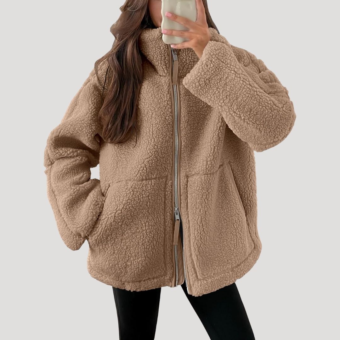 Damen Fleecejacke – Kuschelige Teddy Winterjacke mit Reißverschluss