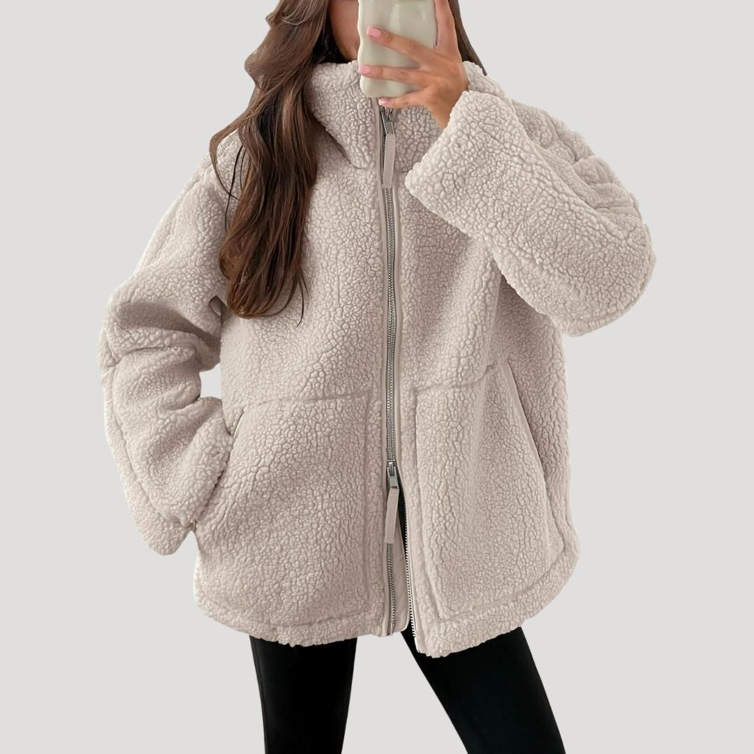 Damen Fleecejacke – Kuschelige Teddy Winterjacke mit Reißverschluss