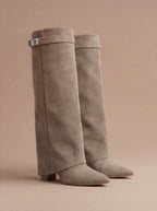 Damen Stiefel – Elegante Kniehohe Wildleder Boots mit Gold-Detail