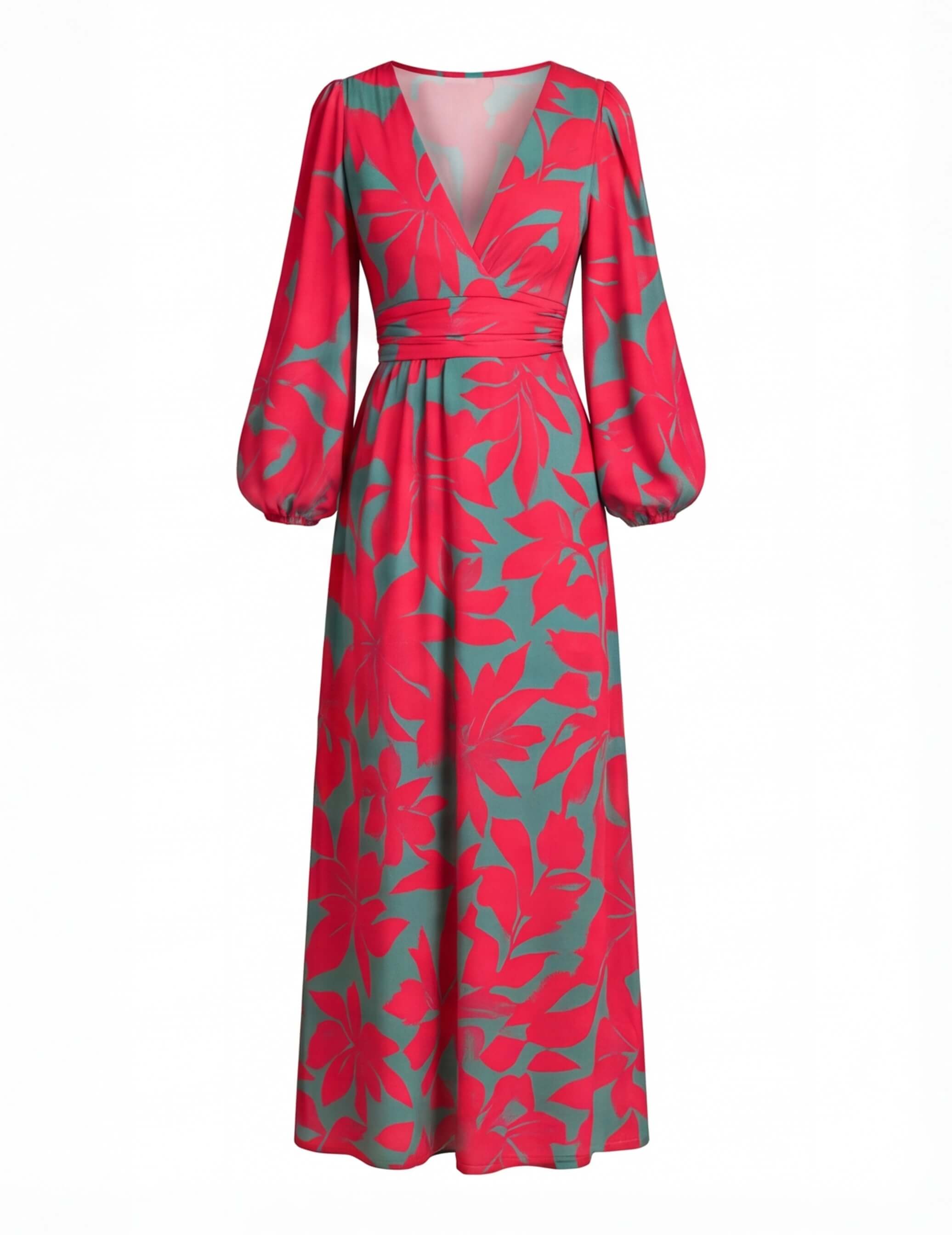 Damen Satin Maxikleid mit Tiefem V-Ausschnitt und Langen Ärmeln