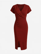 Damen Midikleid – Elegante V-Ausschnitt Silhouette mit Frontschlitz