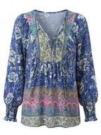 Damenbluse mit Blumenmuster und Bindeband-Ausschnitt
