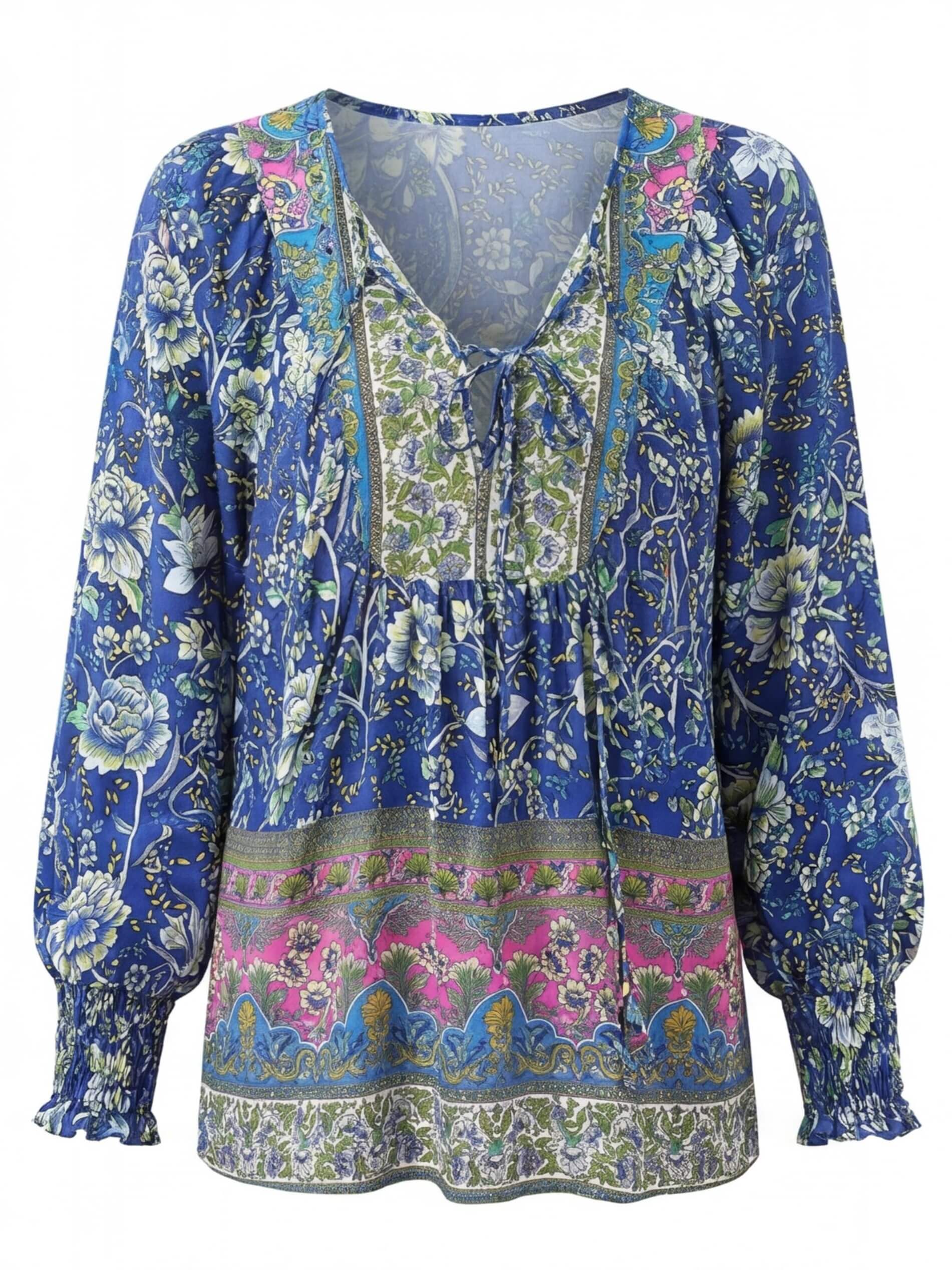 Damenbluse mit Blumenmuster und Bindeband-Ausschnitt
