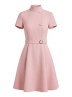 Damen Kleid mit Hohem Kragen & Fit-and-Flare Schnitt mit Gürtel