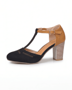 Damen Pumps mit Blockabsatz – Zweifarbige T-Riemchen