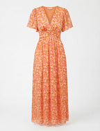 Damen Kleid – Florales Maxikleid mit V-Ausschnitt und Kurzen Ärmeln