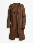Damen Strickjacke mit Kapuze im Zopfmuster – Lange Wärme & Taschenkomfort