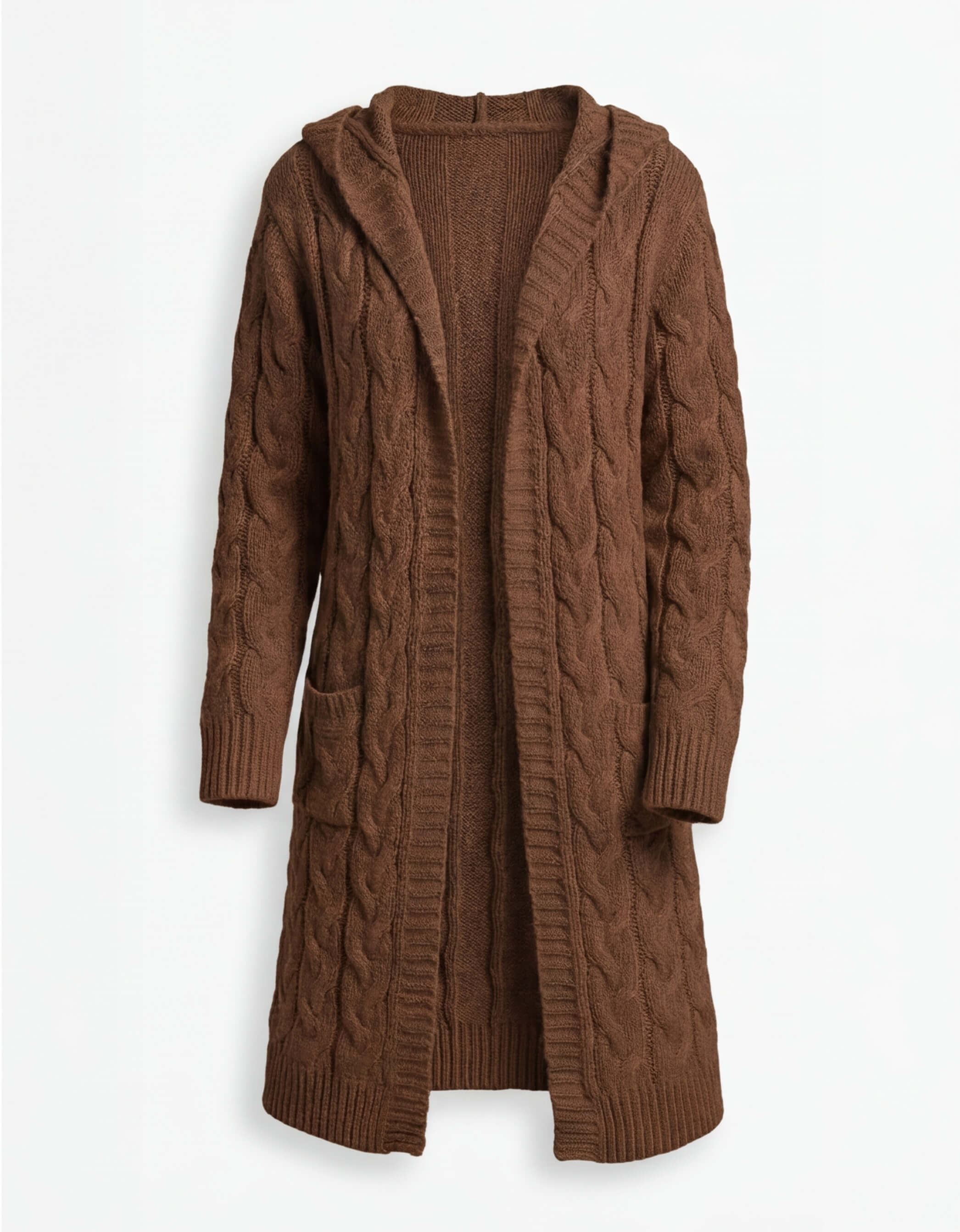 Damen Strickjacke mit Kapuze im Zopfmuster – Lange Wärme & Taschenkomfort