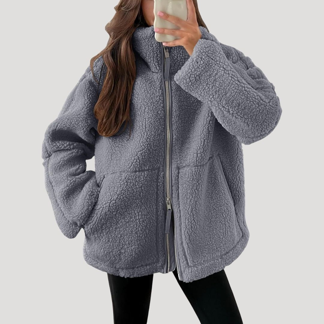 Damen Fleecejacke – Kuschelige Teddy Winterjacke mit Reißverschluss