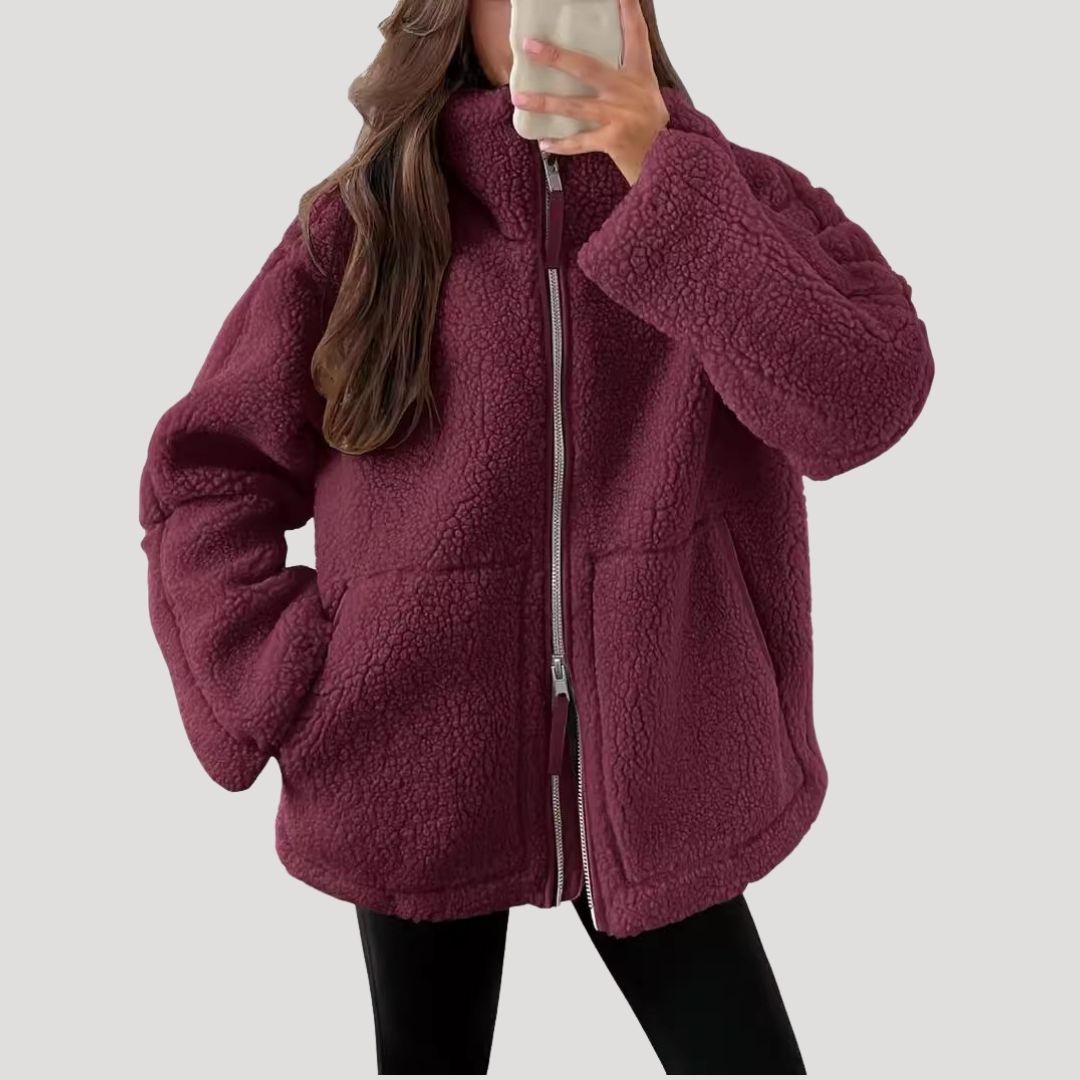 Damen Fleecejacke – Kuschelige Teddy Winterjacke mit Reißverschluss
