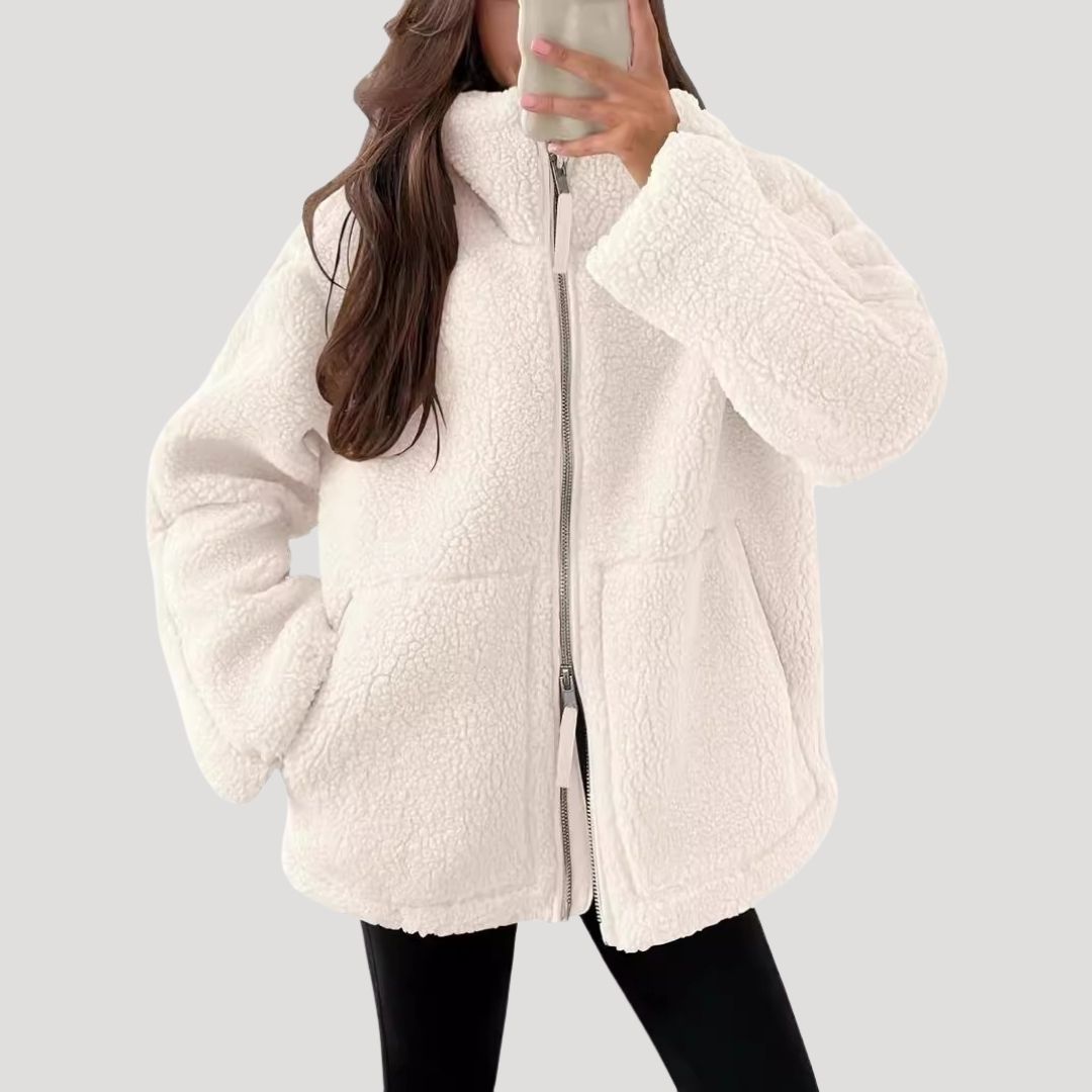Damen Fleecejacke – Kuschelige Teddy Winterjacke mit Reißverschluss