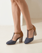 Damen Pumps mit Blockabsatz – Zweifarbige T-Riemchen