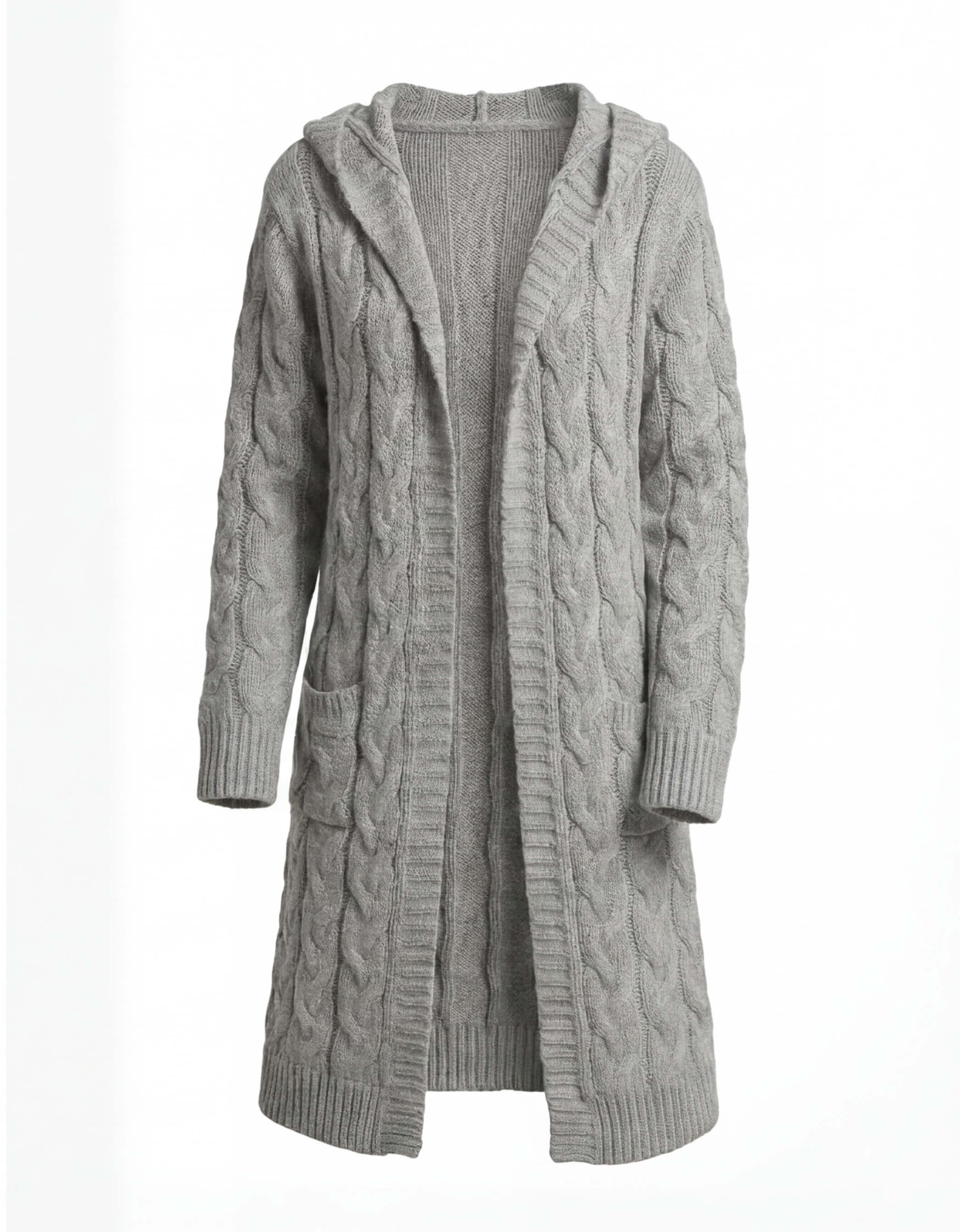 Damen Strickjacke mit Kapuze im Zopfmuster – Lange Wärme & Taschenkomfort