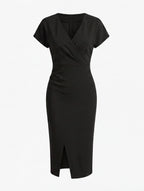 Damen Midikleid – Elegante V-Ausschnitt Silhouette mit Frontschlitz