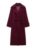 Damen Mantel – Eleganter Bordeaux Trenchcoat mit Bindegürtel