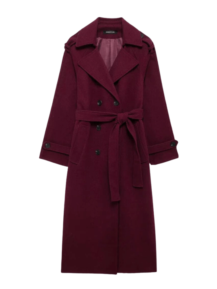 Damen Mantel – Eleganter Bordeaux Trenchcoat mit Bindegürtel