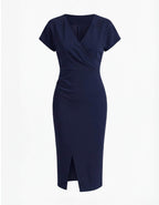 Damen Midikleid – Elegante V-Ausschnitt Silhouette mit Frontschlitz