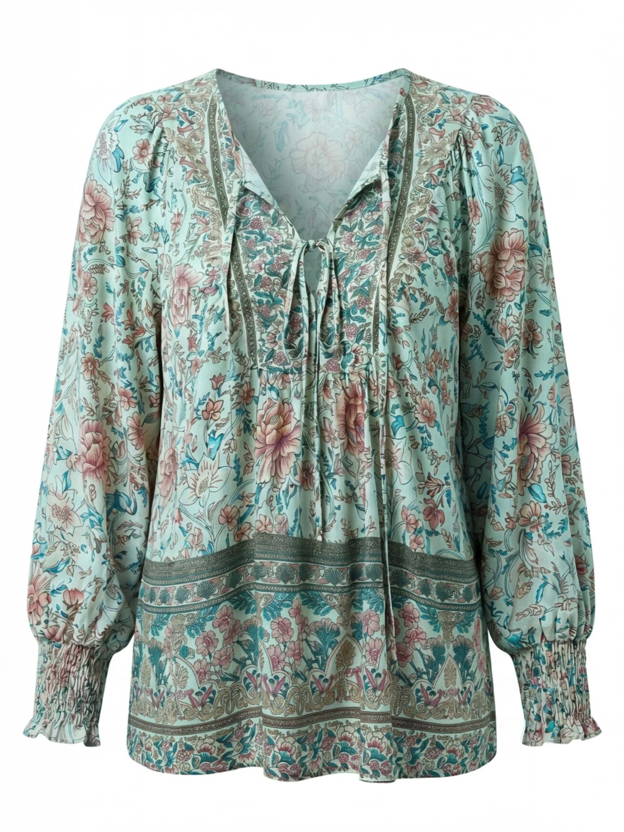 Damenbluse mit Blumenmuster und Bindeband-Ausschnitt