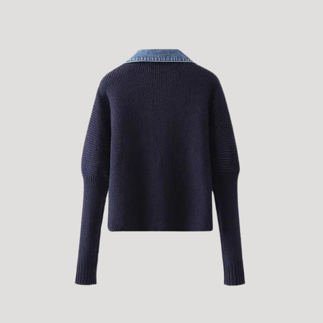 Damen Strickpullover – Navy Pullover mit Denim-Kragen