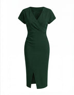 Damen Midikleid – Elegante V-Ausschnitt Silhouette mit Frontschlitz