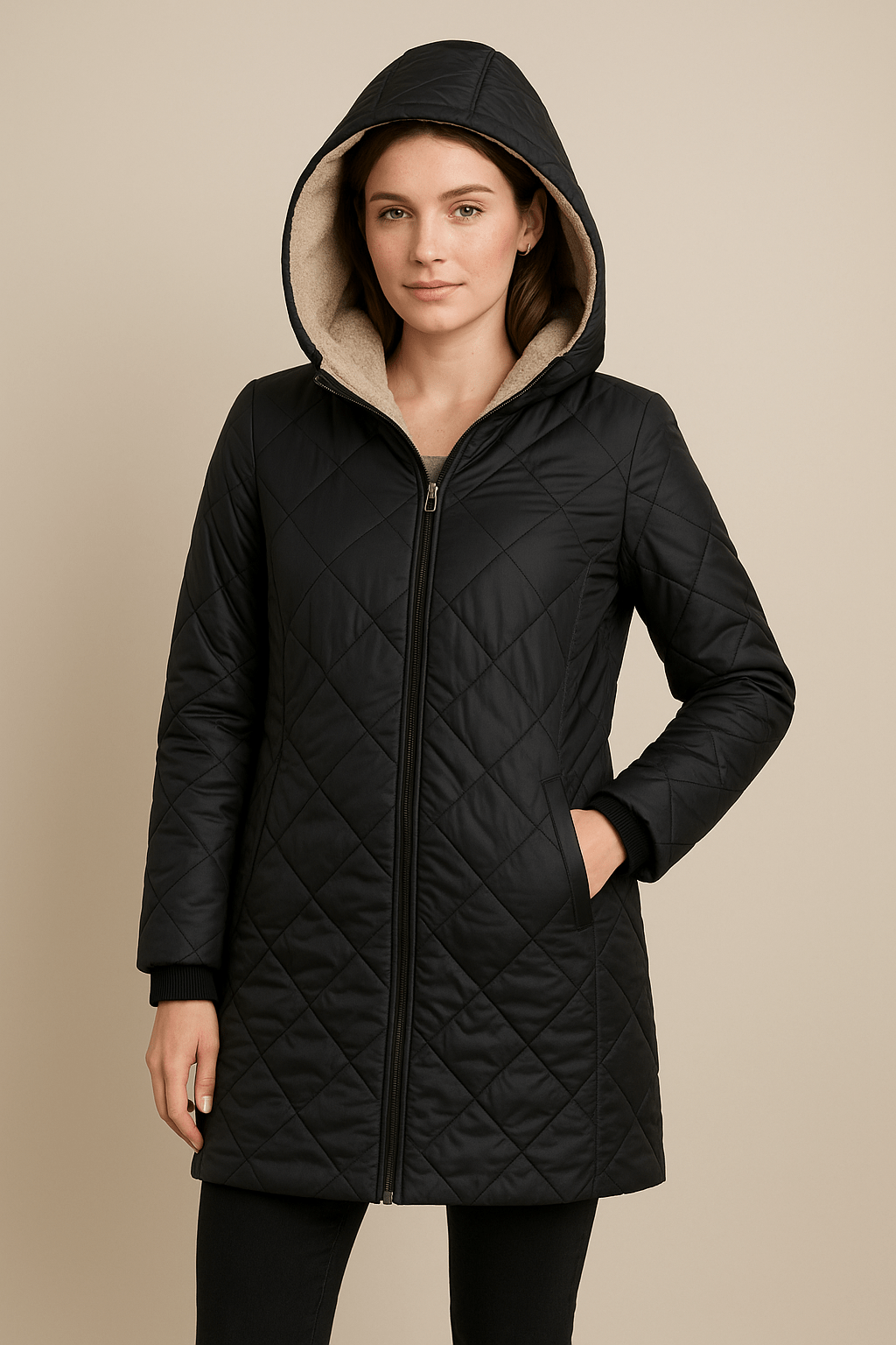 Ashford | Aila – Women’s Diamond Quilted Mid-Thigh Coat with Reversible Hood