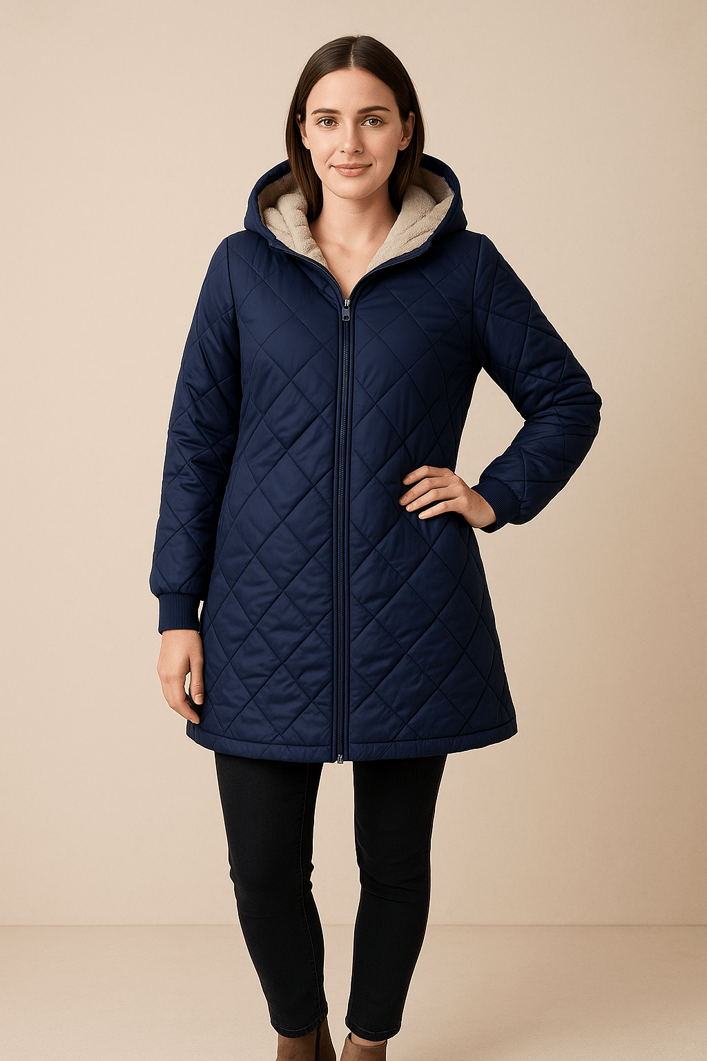 Ashford | Aila – Women’s Diamond Quilted Mid-Thigh Coat with Reversible Hood