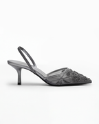 Damen Kitten-Heels Slingbacks – Elfenbein mit Stickerei