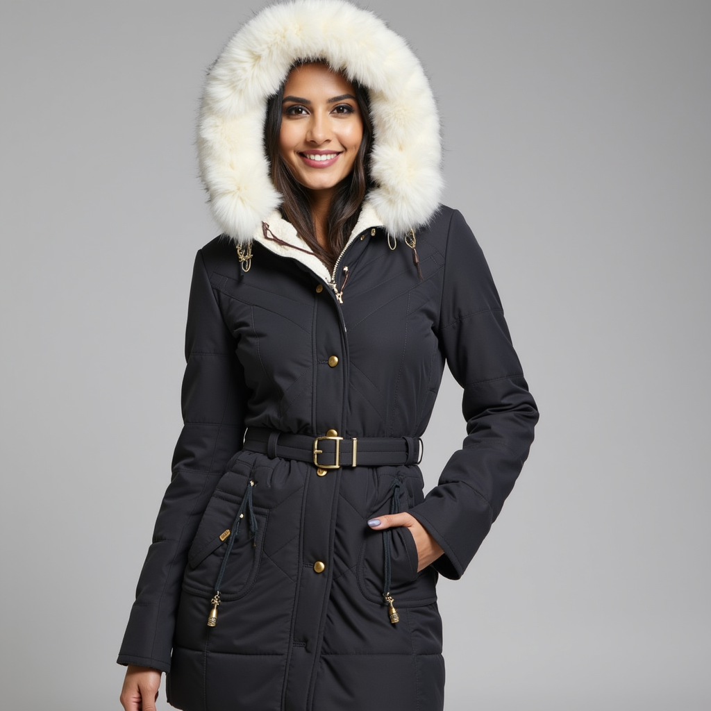 Damen Winterparka mit Kunstfellkragen & Taillengürtel