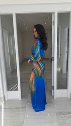 Elara Langarm Bedrucktes Maxi-Kleid – Blau