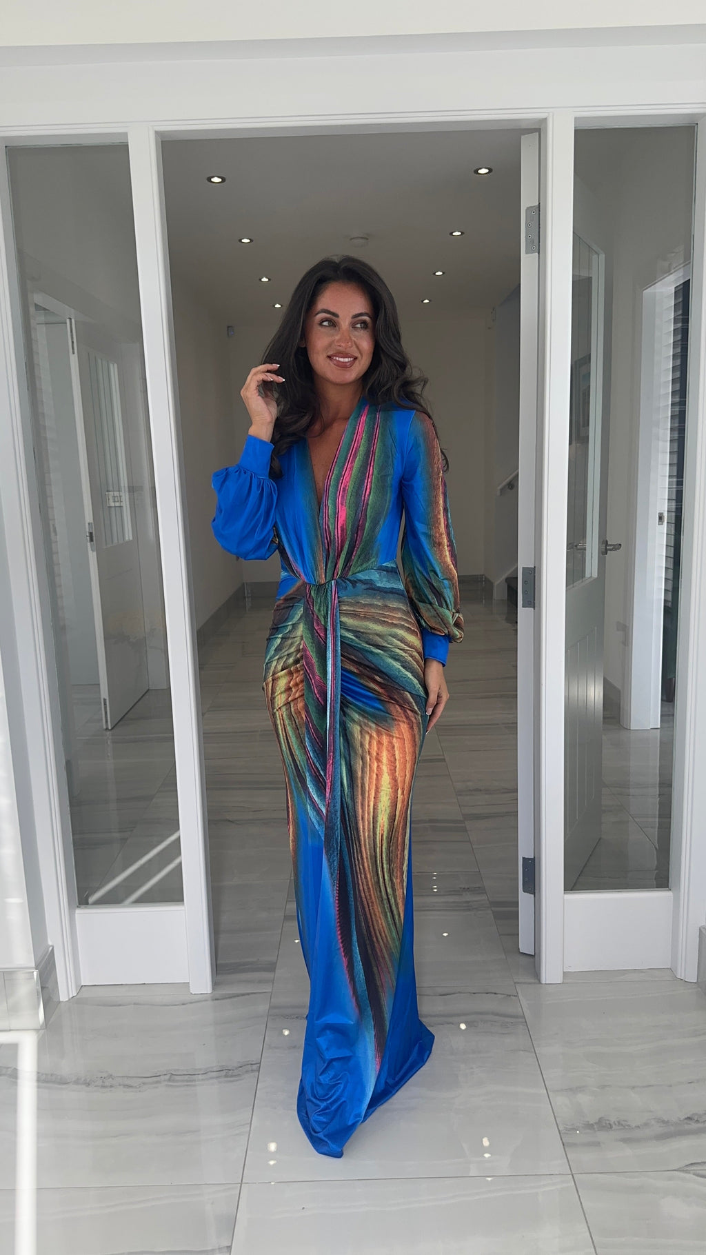 Elara Langarm Bedrucktes Maxi-Kleid – Blau