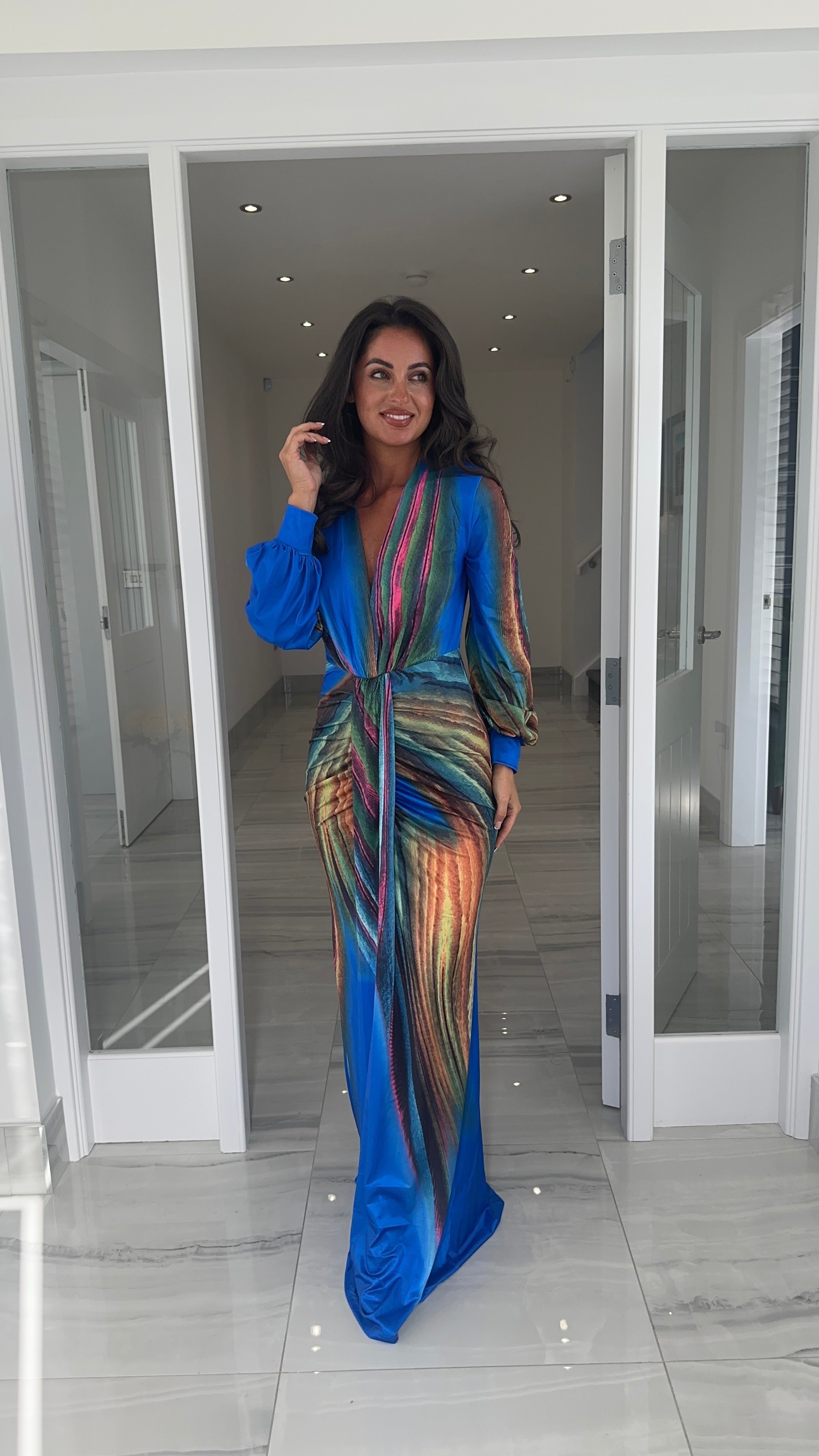 Elara Langarm Bedrucktes Maxi-Kleid – Blau