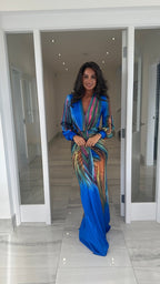 Elara Langarm Bedrucktes Maxi-Kleid – Blau