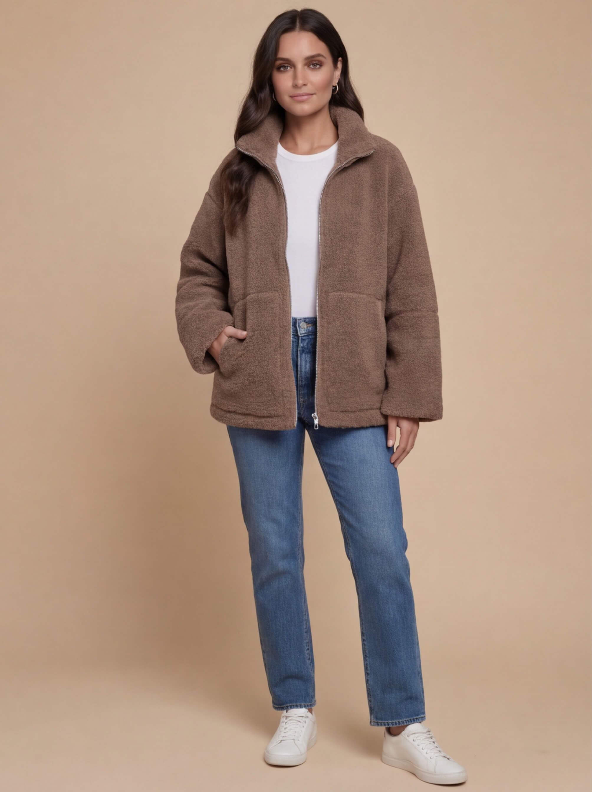 Damen Fleecejacke – Kuschelige Teddy Winterjacke mit Reißverschluss