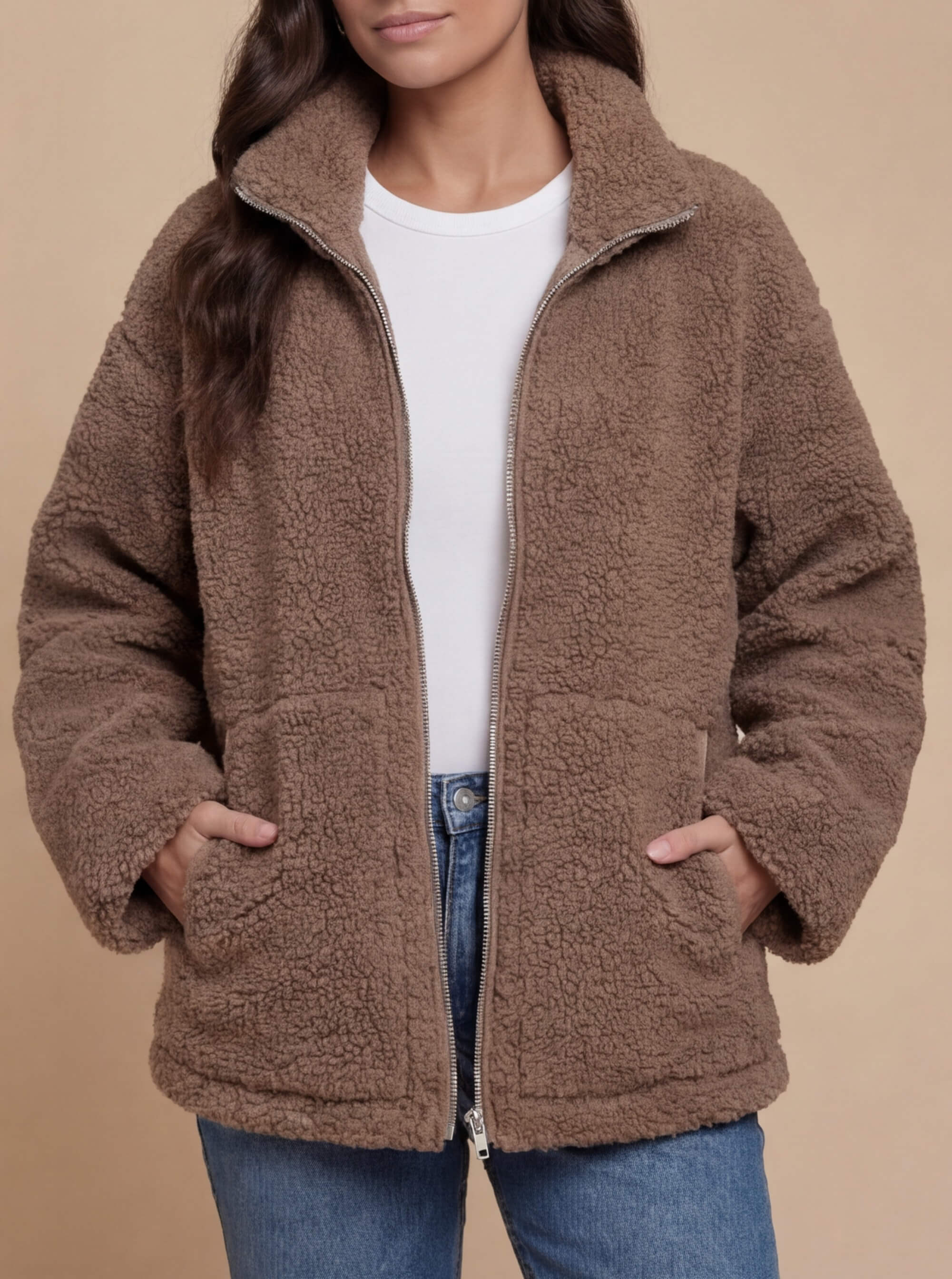 Damen Fleecejacke – Kuschelige Teddy Winterjacke mit Reißverschluss