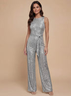 Damen Jumpsuit – Eleganter Pailletten-Jumpsuit mit Taillengürtel