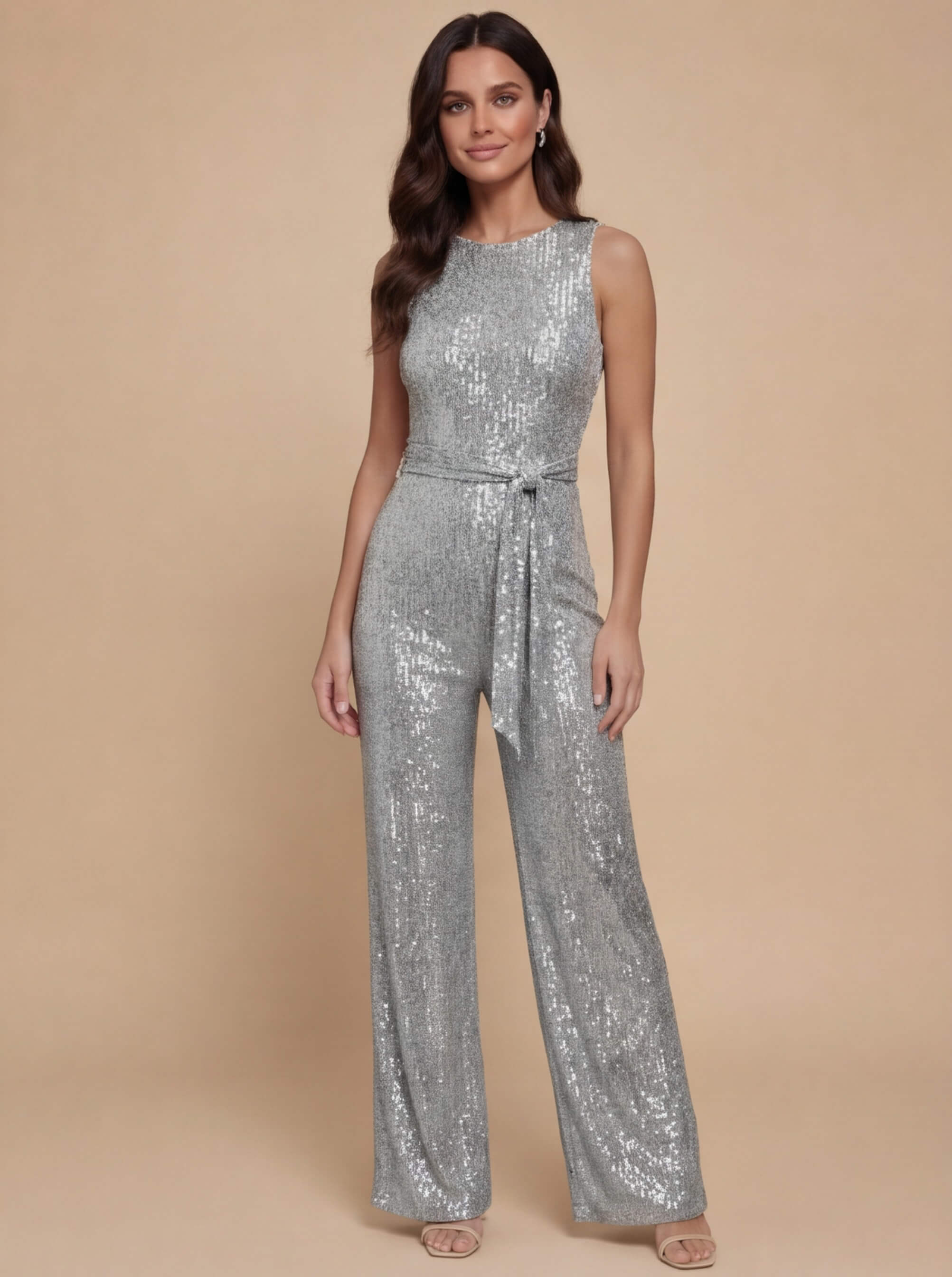 Damen Jumpsuit – Eleganter Pailletten-Jumpsuit mit Taillengürtel