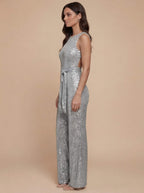 Damen Jumpsuit – Eleganter Pailletten-Jumpsuit mit Taillengürtel