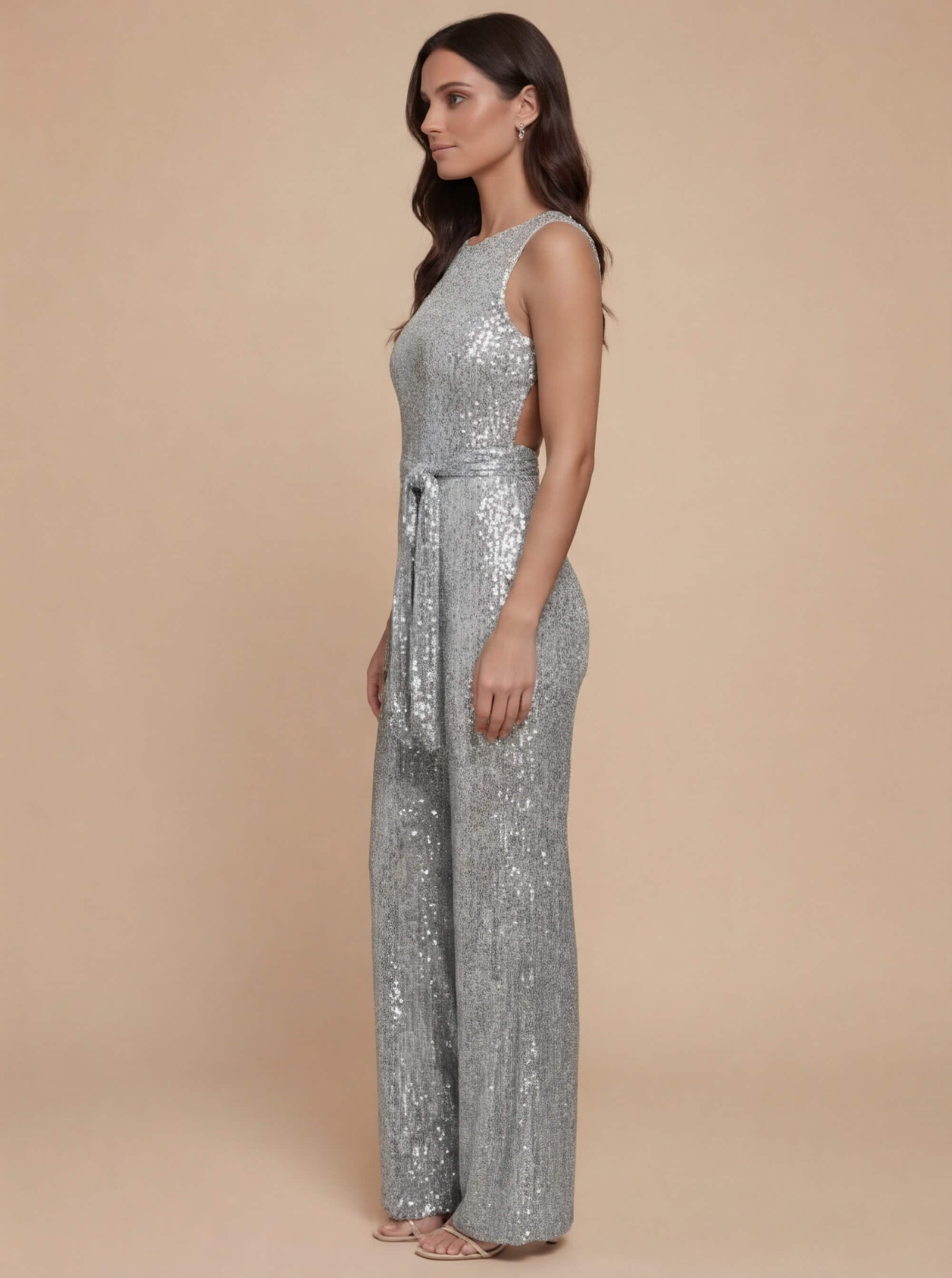 Damen Jumpsuit – Eleganter Pailletten-Jumpsuit mit Taillengürtel