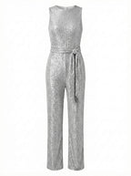Damen Jumpsuit – Eleganter Pailletten-Jumpsuit mit Taillengürtel