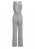 Damen Jumpsuit – Eleganter Pailletten-Jumpsuit mit Taillengürtel