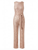 Damen Jumpsuit – Eleganter Pailletten-Jumpsuit mit Taillengürtel