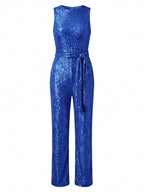 Damen Jumpsuit – Eleganter Pailletten-Jumpsuit mit Taillengürtel