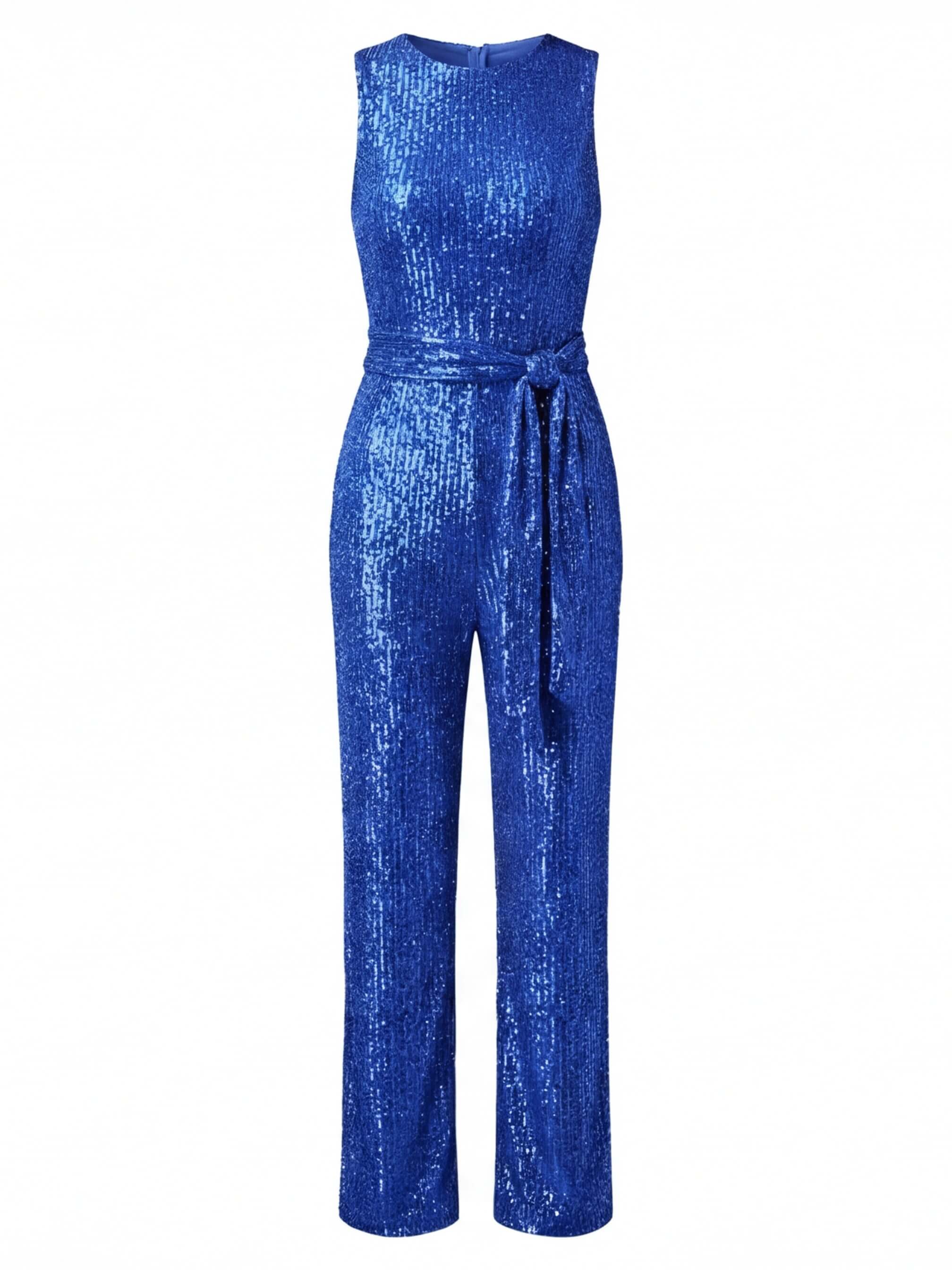 Damen Jumpsuit – Eleganter Pailletten-Jumpsuit mit Taillengürtel