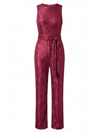 Damen Jumpsuit – Eleganter Pailletten-Jumpsuit mit Taillengürtel