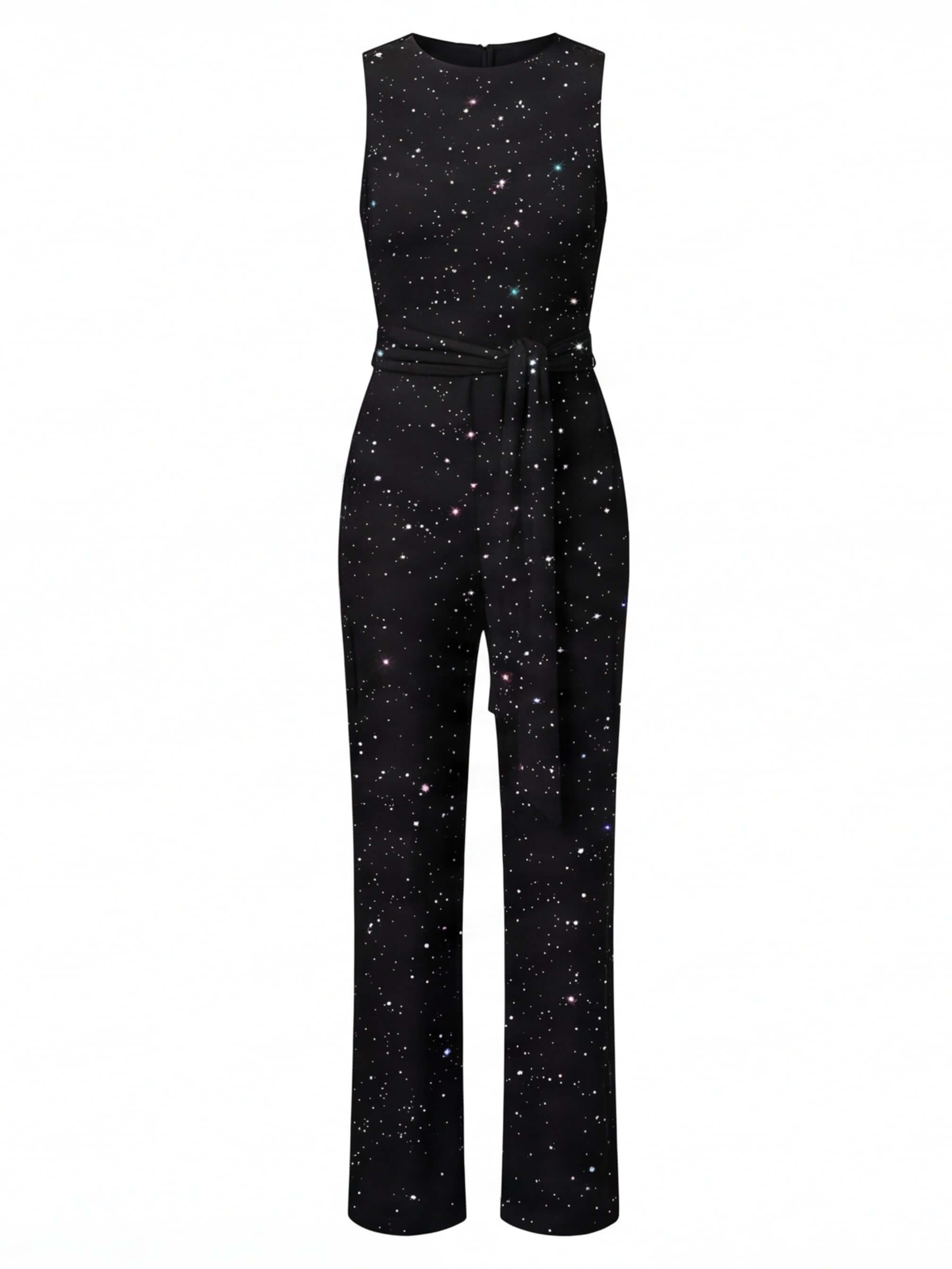 Damen Jumpsuit – Eleganter Pailletten-Jumpsuit mit Taillengürtel