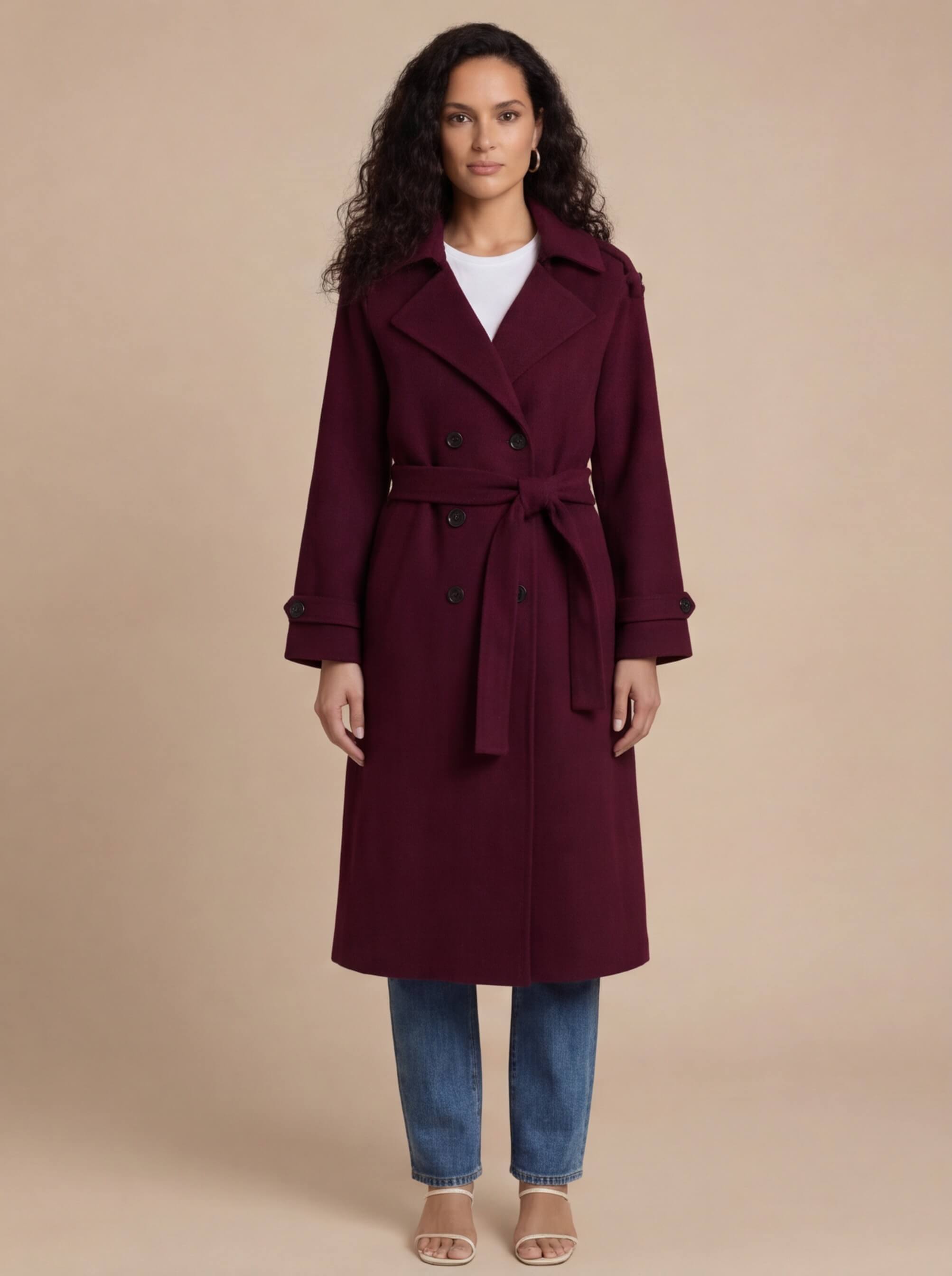 Damen Mantel – Eleganter Bordeaux Trenchcoat mit Bindegürtel