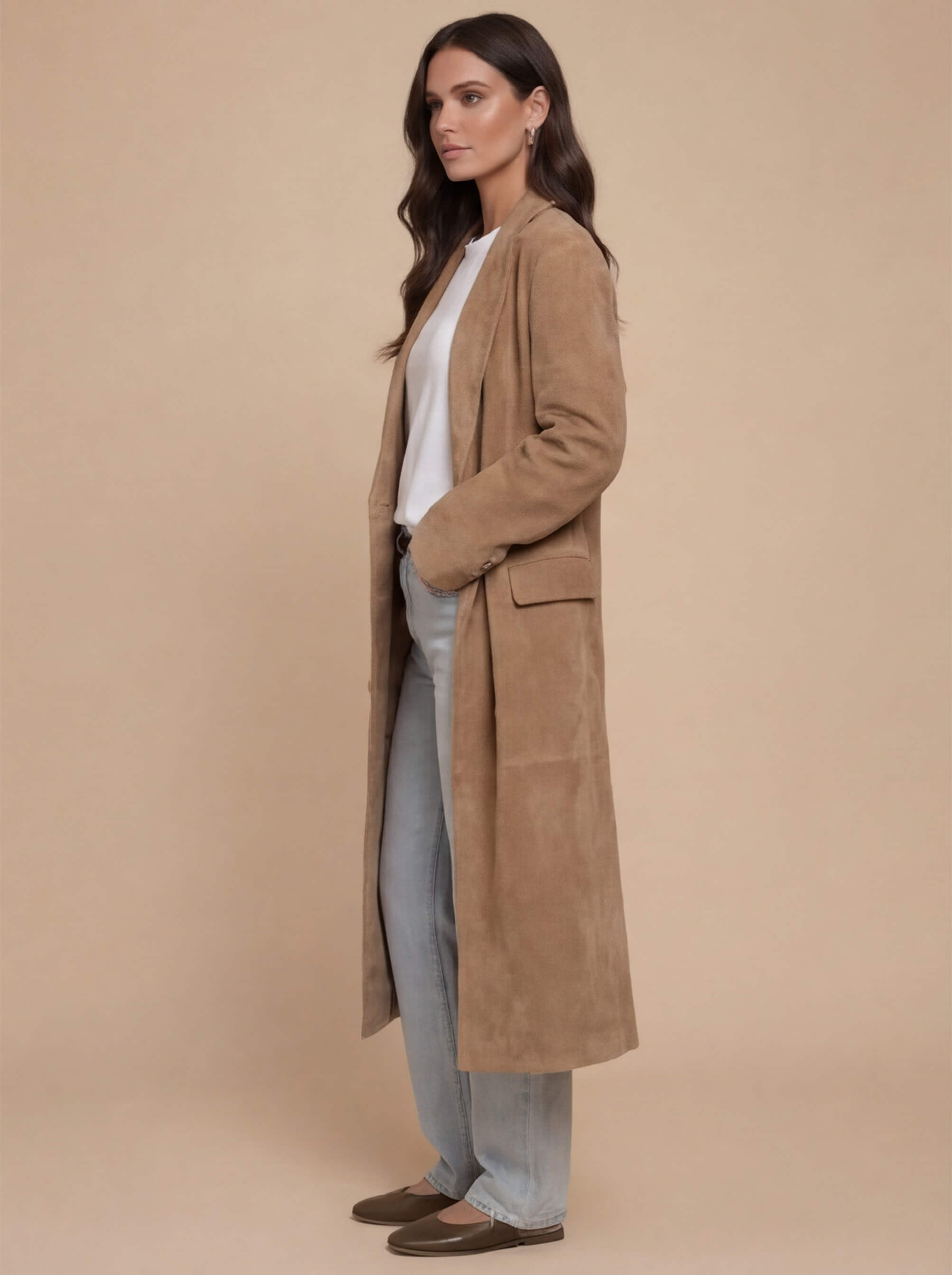 Damen Mantel – Langer Velours Trenchcoat in Camel