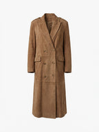 Damen Mantel – Langer Velours Trenchcoat in Camel