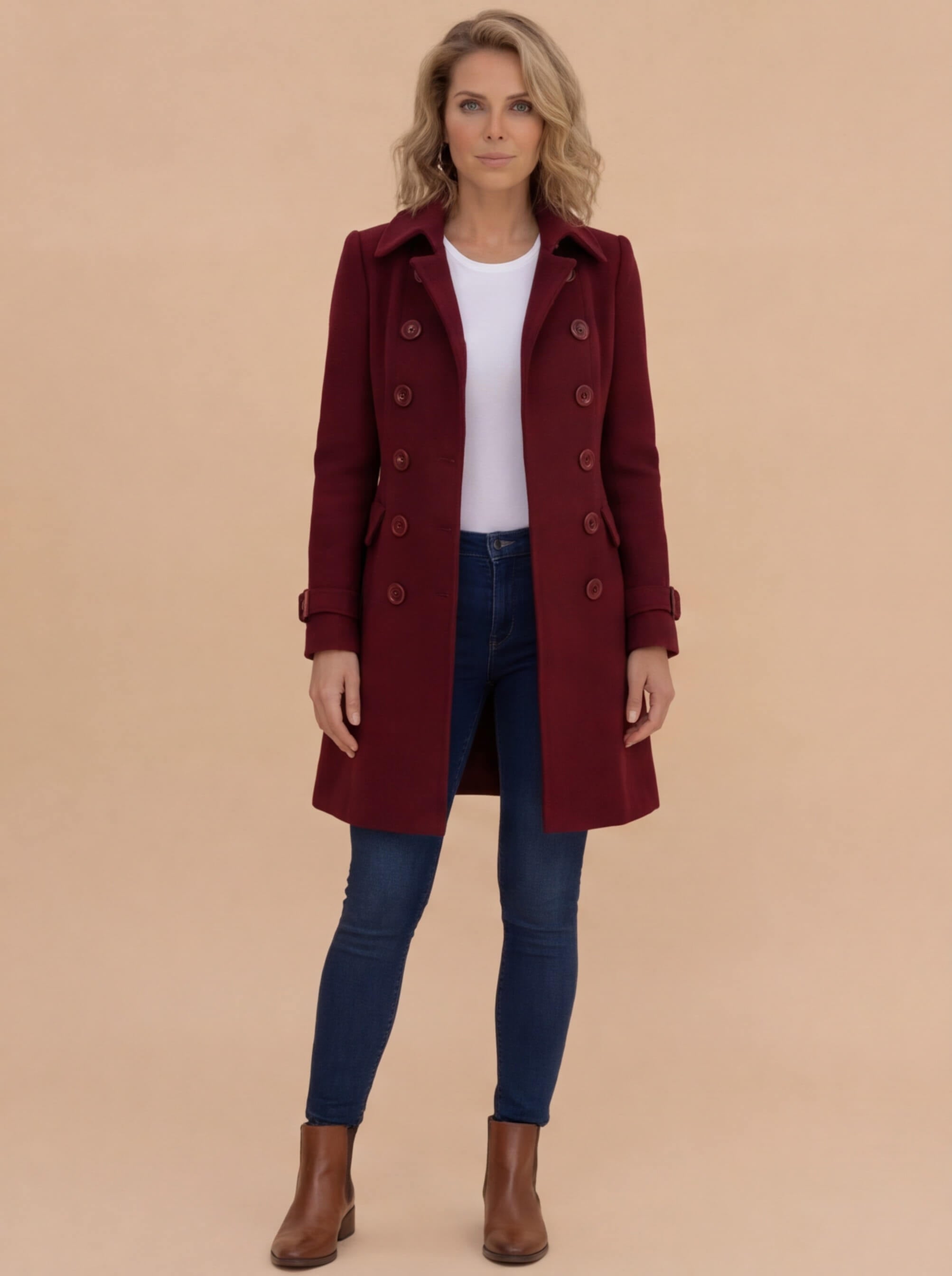 Damen Mantel – Zweireihig, Elegant & Strukturiert