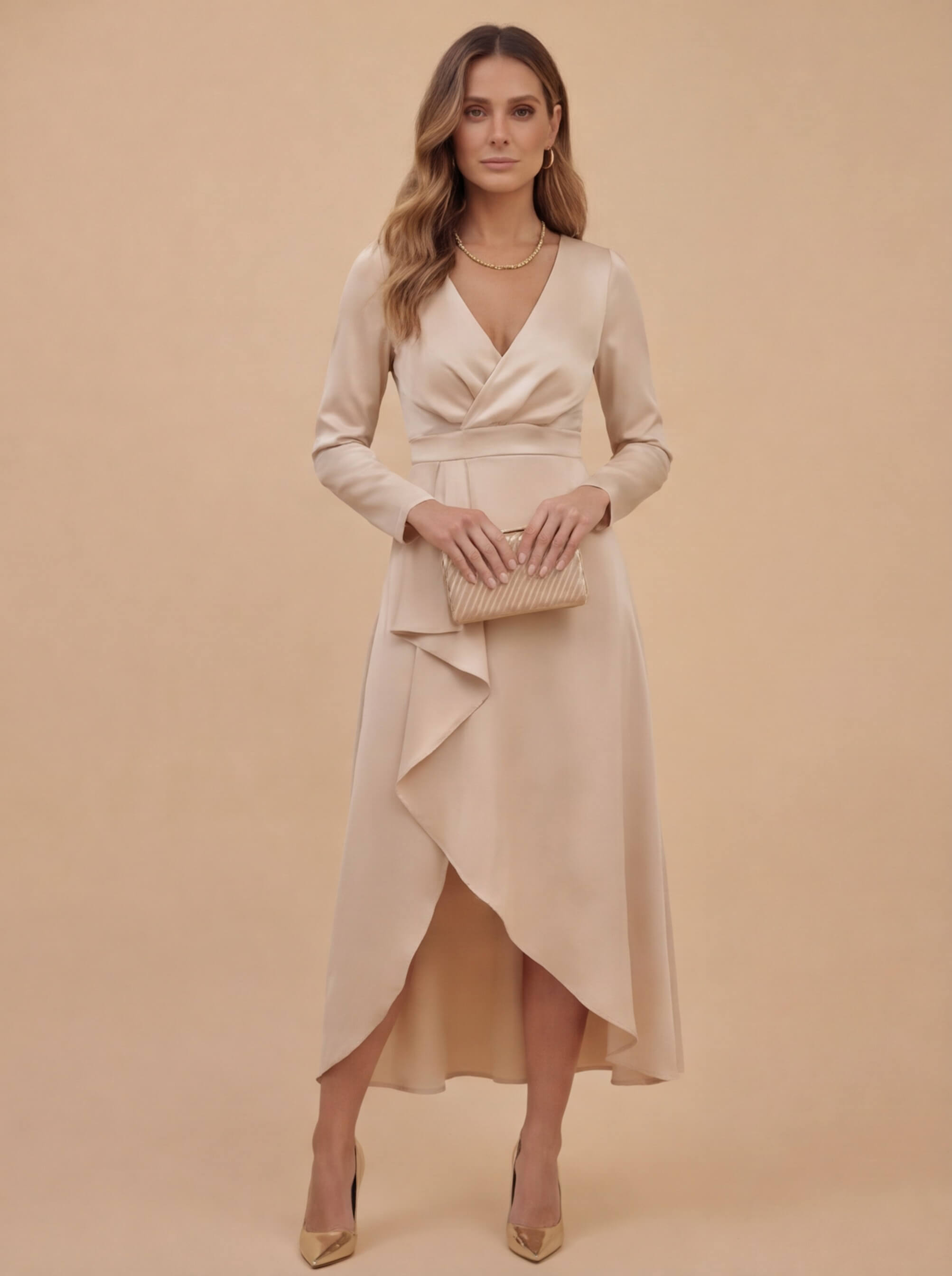 Damen Midi Kleid – Eleganter V-Ausschnitt & Asymmetrischer Saum